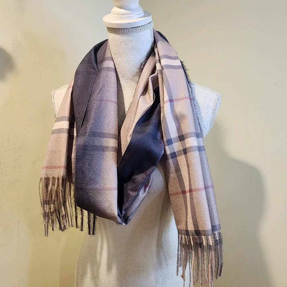 ODIVA Plaid Fringe Scarf in Blue and Tan NWT